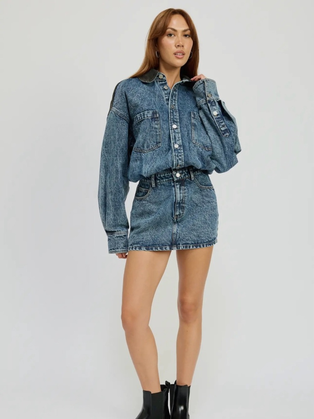 Acid Wash Denim Button Up Shacket Mini Dress